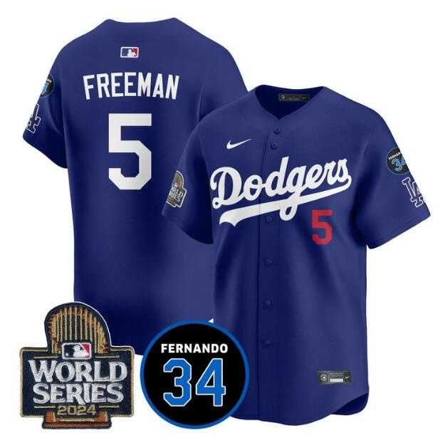 Mens Los Angeles Dodgers #5 Freddie Freeman Royal 2024 World Series With Fernando Memorial Patch Limited Stitched Jersey Dzhi